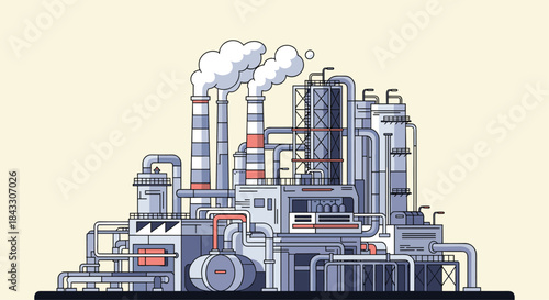 A detailed illustration of a large industrial factory or power plant with many pipes, smokestacks, and processing units.