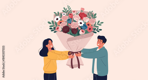 A smiling young man gives a large, beautiful bouquet of colorful flowers to a happy young woman as a romantic gesture.