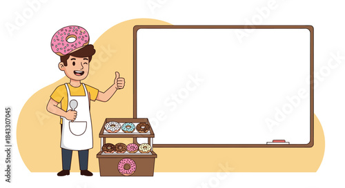A cheerful donut seller with a donut on his head gives a thumbs-up next to his cart and a large blank whiteboard.