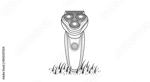 A black and white line art drawing of a three-head rotary electric shaver is shown cutting through short bristle hairs.