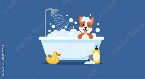 A cute, happy corgi dog enjoys a bubble bath in a white tub, with a rubber duck and shampoo bottle on the side.