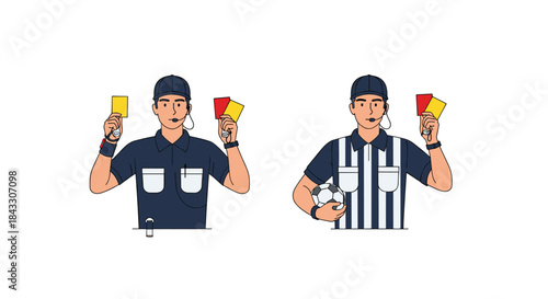 Two cartoon illustrations of a football referee showing yellow and red cards for fouls during a match, isolated on a white background.
