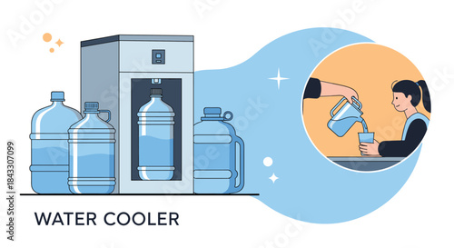 Office water cooler station with large refill bottles and an inset showing a person pouring a glass of fresh, clean water.