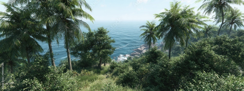 Obraz premium Coastal landscape with palm trees and ocean tropical scenery and natural environment