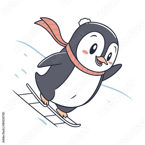 Cute baby cartoon penguin animal vector illustration having fun with a ball and ice cream in the snow