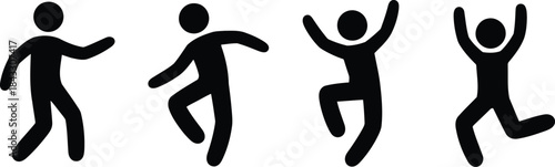 Four black stick figures captured in various dynamic and joyful dancing poses on a clean white backdrop