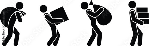 Four black stick figures carrying heavy items like sacks and boxes on a white background