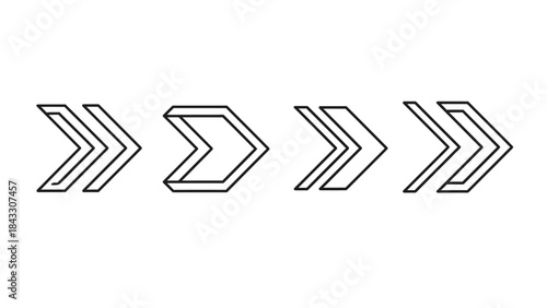 Set of four stylized black and white chevron arrow icons representing forward movement direction and progress in design