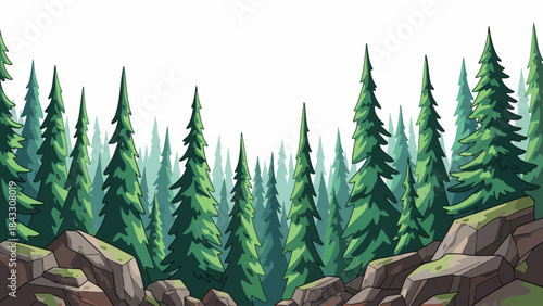 boreal forest dominated by tall conifer trees, cold climate conditions, layered pine silhouettes, and quiet natural scenery stretching across northern landscapes, white isolated sky