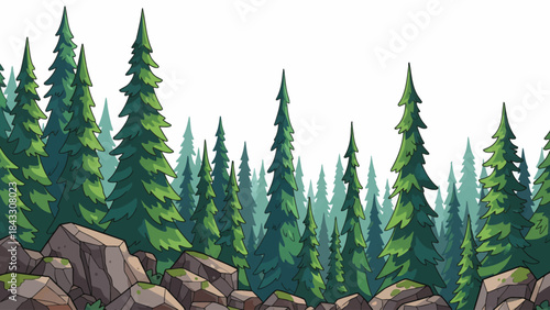 boreal forest dominated by tall conifer trees, cold climate conditions, layered pine silhouettes, and quiet natural scenery stretching across northern landscapes, white isolated sky