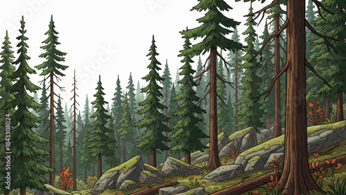 boreal forest dominated by tall conifer trees, cold climate conditions, layered pine silhouettes, and quiet natural scenery stretching across northern landscapes, white isolated sky