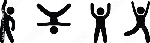 Four simple black silhouette figures performing different arm raises an upside down handstand and dynamic jumping
