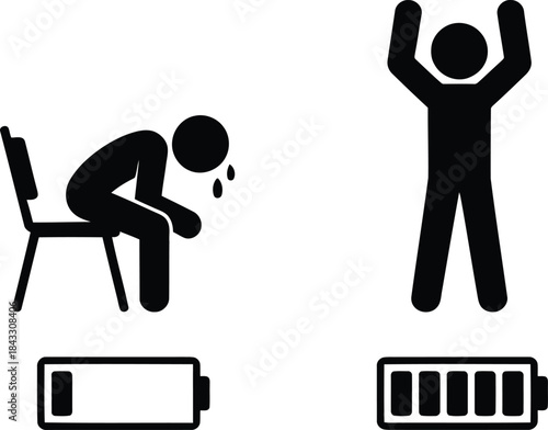 Graphic illustration showing a crying, exhausted person with low power versus a joyful, fully charged individual