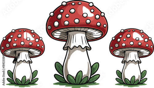 Comic mushroom set. Cartoon vector illustration. Detailed botanical drawing of red mushrooms with white spots among foliage. Mushroom set.