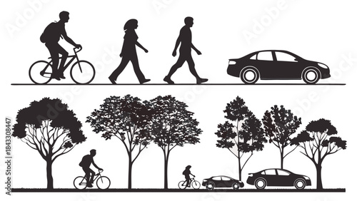 Silhouettes of Pedestrians, Cyclists, and Cars with Urban Trees