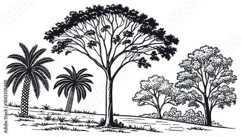 Vintage Engraving of Tropical and Broadleaf Trees in a Landscape