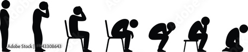 Progression of black human figures depicting emotional decline from standing to kneeling in despair