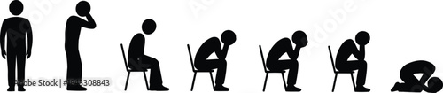 Sequential stick figures depict a human progression from standing upright to a state of profound despair