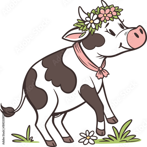 Cute cartoon cow with flowers vector illustration farm animal livestock character