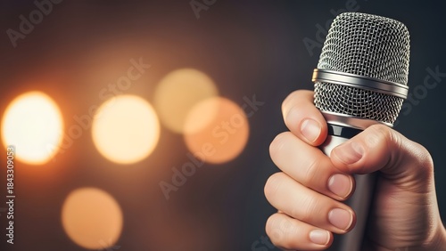 Close-up of Hand Holding Microphone with Bokeh Lights.
