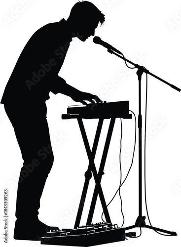 Silhouette of musician playing synthesizer or keyboard and singing into microphone during live performance, musical concert, isolated black figure on white background.