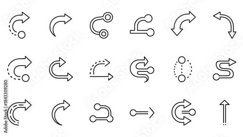Collection of black line art vector icons representing various directional arrows for navigation routing and process flow charts