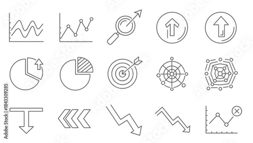 Collection of black line art icons representing various business data analysis charts graphs trends and directional indicators