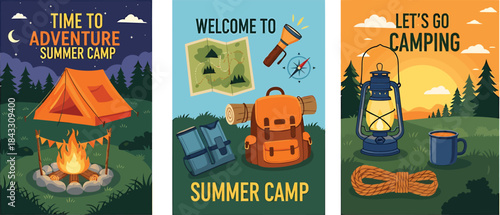 Set of cartoon summer camp posters with tent, backpack, campfire, lantern, rope, cup, flashlight, and map.Travel and outdoor adventure concept,camping adventure poster,travel backpack clipart,

