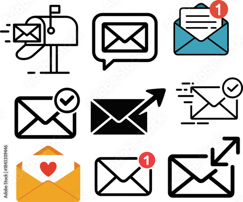 Comprehensive Email and Messaging Icon Set: Vector Collection of Mailbox, New Message Notifications, Sent Confirmation, Love Letter, and Delivery Status Symbols for UI/UX Design and Web Applications.