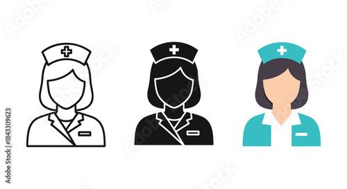 Nurse icon set in different styles and colors