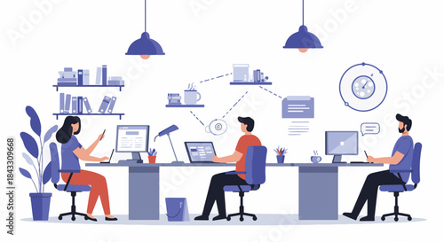 Illustration of a modern office environment with people working on computers and desks