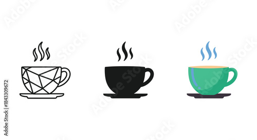 Three different coffee cups with steam rising