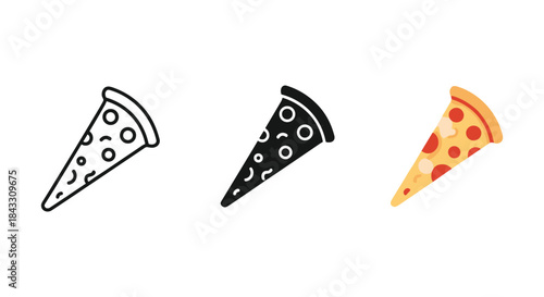 Three pizza slices in different styles