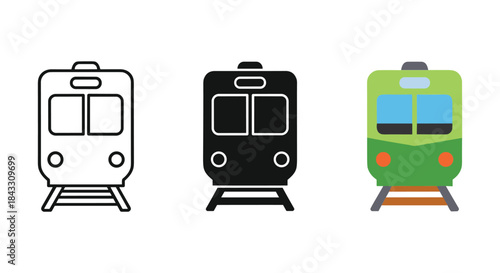 Three different subway train icons in various colors