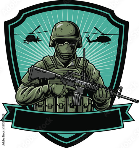 Military Soldier Mascot Character Badge with Assault Rifle and Helicopters