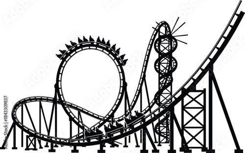 Silhouette of roller coaster with steep drops, loop and spiral tracks, amusement park ride, thrilling entertainment, isolated black structure on white background.