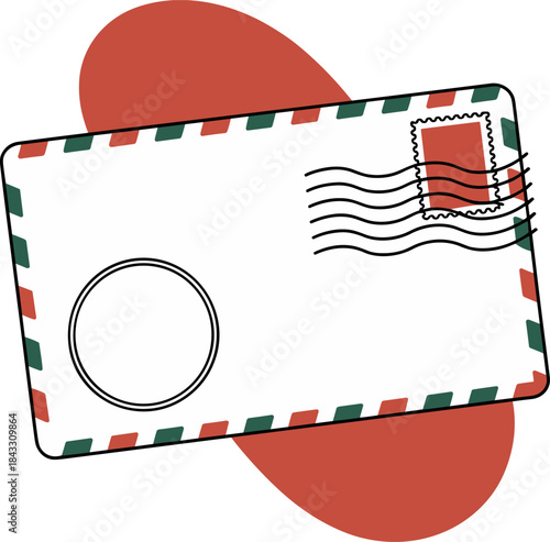 Airmail Envelope Vector Illustration with Stamp and Postmark Details | Minimalist Retro Communication Icon Design | Isolated on White with Abstract Terracotta Background Shape