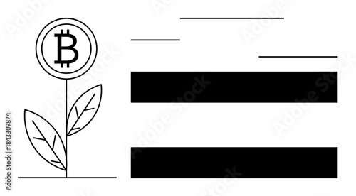 Bitcoin coin growing as plant with leaves, symbolizing sustainable wealth, growth, investment potential, cryptocurrency evolution. Ideal for blockchain, finance, fintech, innovation digital economy