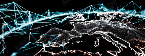 Polygon Europe map with blockchain technology peer to peer network.