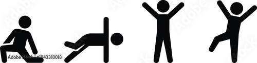 This collection displays four black silhouetted stick figures performing a range of physical activities and celebratory poses