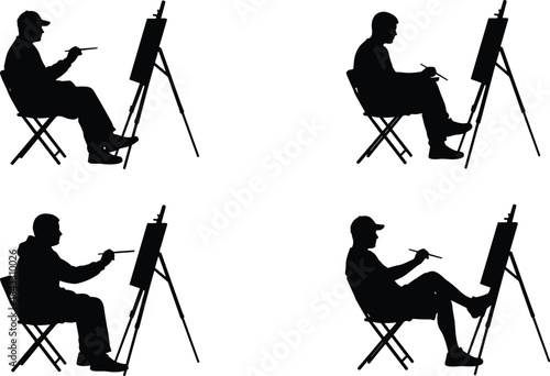 Silhouette of street artists sitting on chairs sketching on easels, painting outdoors, creative professional hobby and leisure activity concept, black and white.