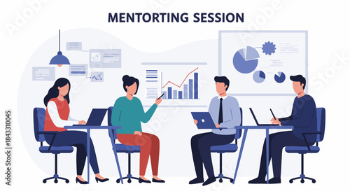 Illustration of a mentoring session with people discussing data, charts, and using technology.