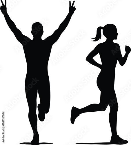 Silhouettes of male runner celebrating victory with raised arms and female athlete jogging for fitness, sport, and marathon competition success, isolated white