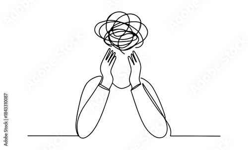 Mental Stress Line Art  Continuous Stroke Person with Scribble Symbol of Overwhelm and Anxiety
