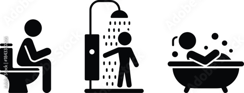 Three black stick figures depict essential daily bathroom activities including using a toilet, showering, and bathing