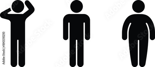 Three black stick figures illustrating different body types including a thin, average, and obese person