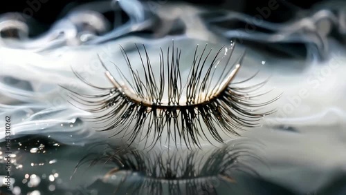 Close-up of a single false eyelash with a smoky, ethereal background and reflective surface.