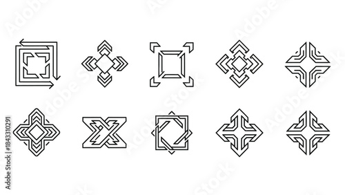 Collection of ten geometric abstract line art icons featuring symmetrical square and arrow motifs for modern design