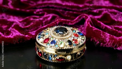 Luxurious Jeweled Compact Powder Box on Elegant Velvet Fabric.
