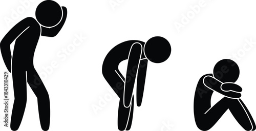 Three black stick figures illustrating sadness, despair, and emotional distress in different sorrowful poses